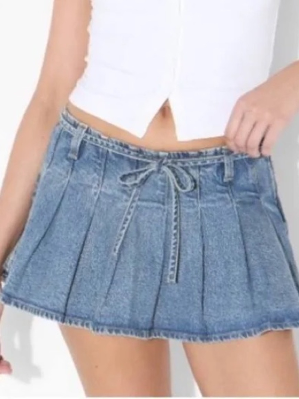 Wild Fable Denim Pleated Mini Skort (Jean shorts under) with Tie- Light Wash